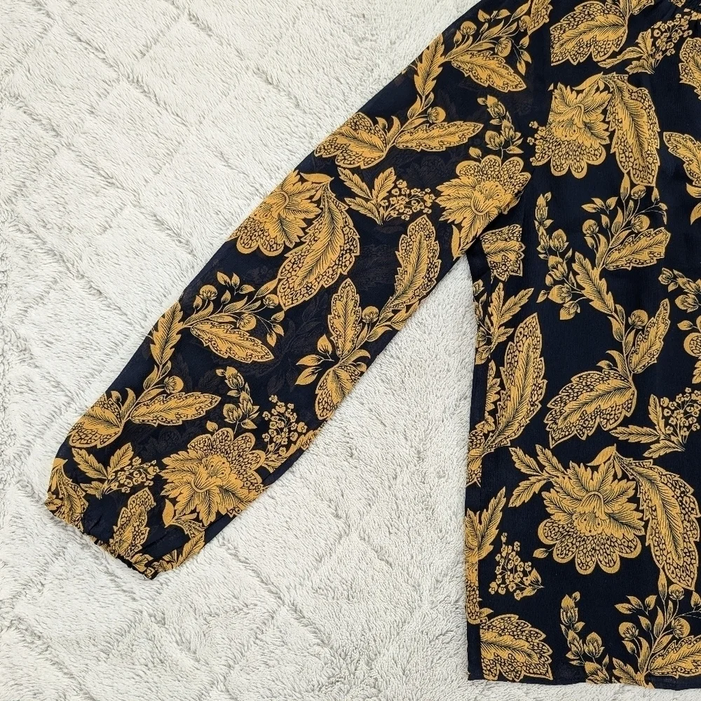 J. Crew Top Womens M Blue Navy Gold Floral Smocked Shirt Light Office Casual